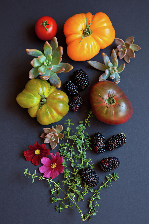 Heirloom Tomatoes With Herbs, Berries Photograph by Beth D. Yeaw Heirloom Tomatoes With Herbs, Berries Photograph by Beth D. Yeaw