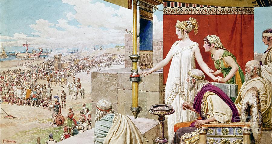 Helen Watching Menelaus And Paris Fight From The Walls Of Troy Painting by Fortunino Matania