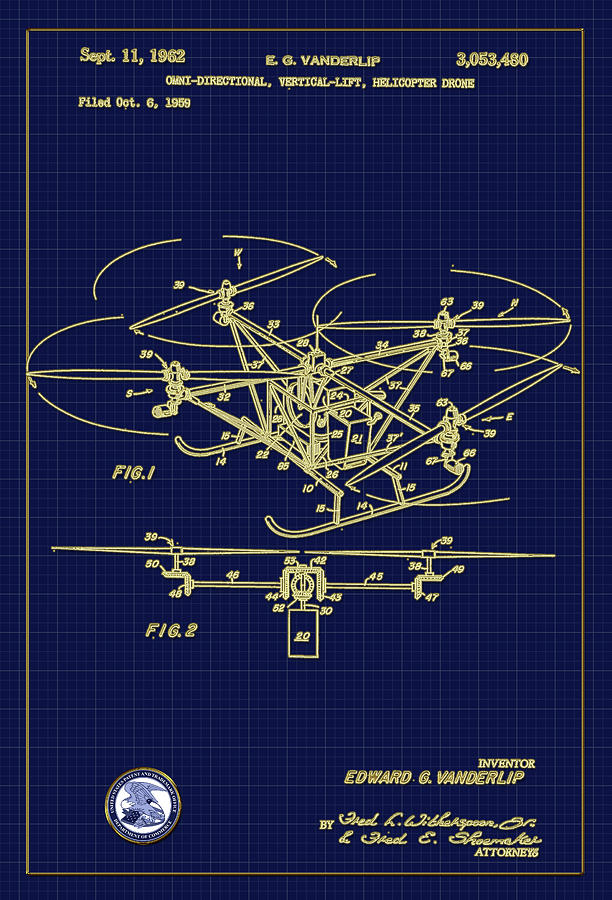 Helicopter Drone Patent Drawing 1962 Digital Art by Carlos Diaz