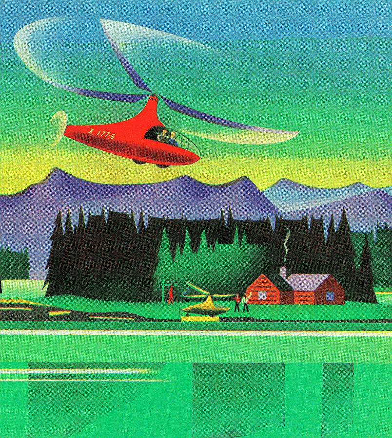 Nature Drawing - Helicopter Flying Over a Cabin in the Wilderness by CSA Images