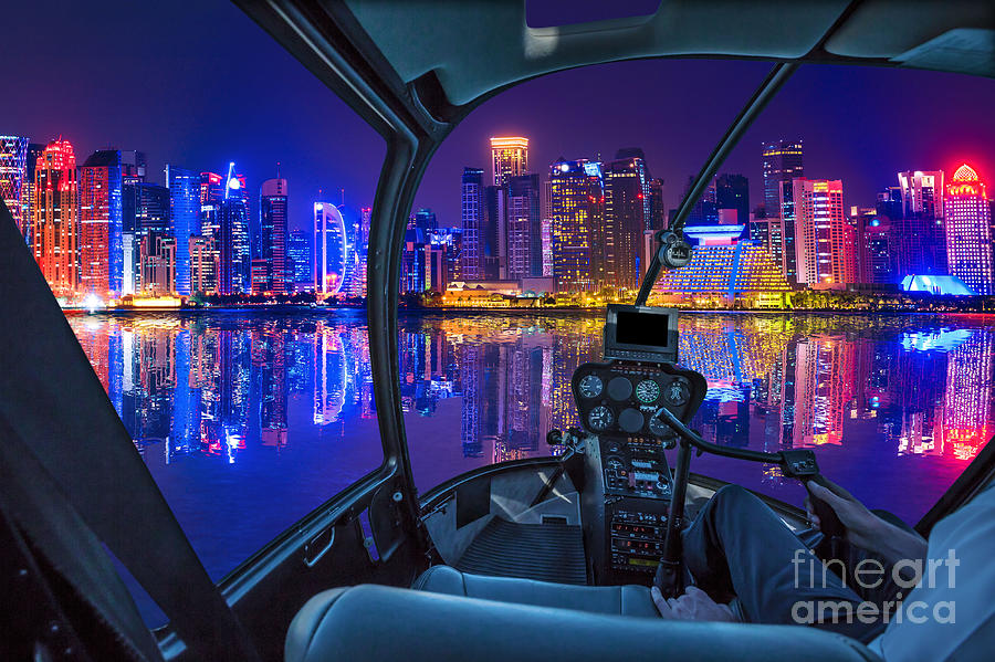 Helicopter on Doha harbor Photograph by Benny Marty