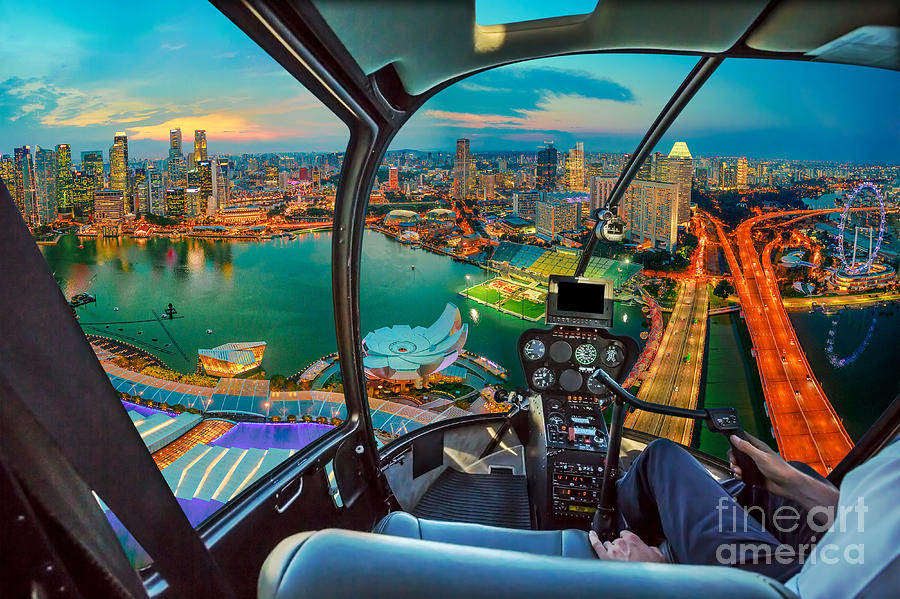 Helicopter on marina bay twilight Photograph by Benny Marty