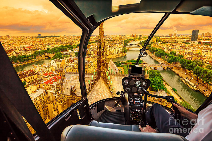 Helicopter on Notre Dame at sunset Photograph by Benny Marty