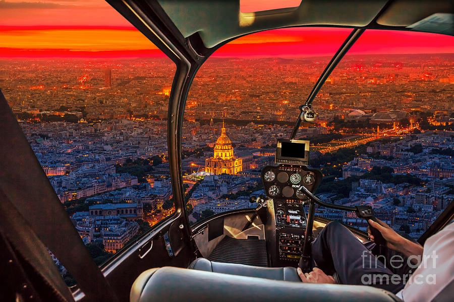 Helicopter on Paris at sunset Photograph by Benny Marty