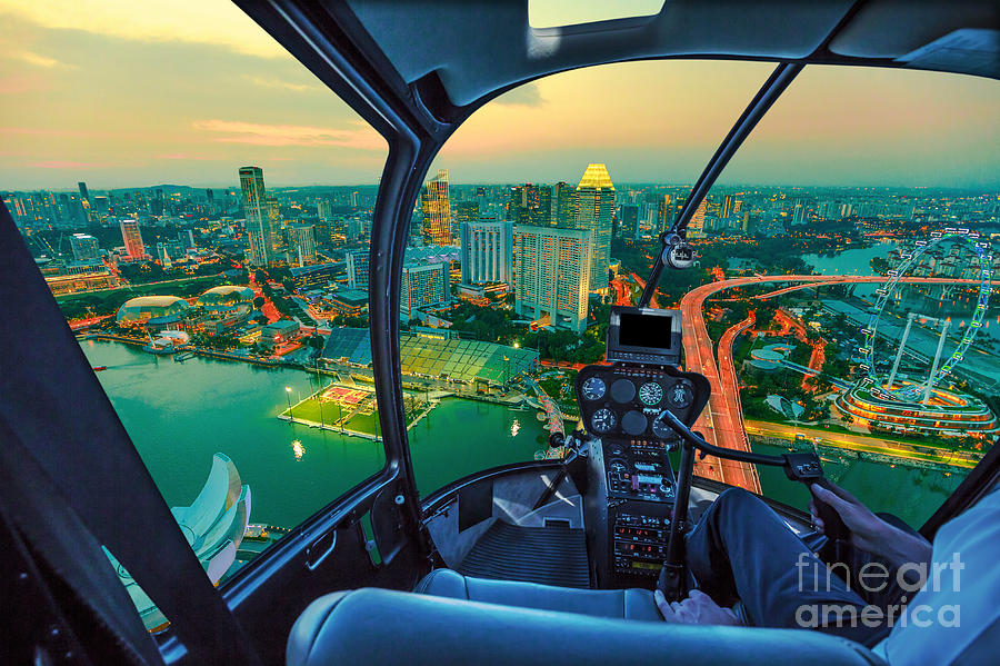 Helicopter on Singapore twilight Photograph by Benny Marty