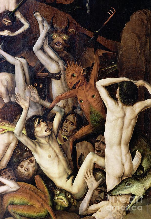 Dirck Bouts Painting - Hell, Detail Of A Demon Hitting The Damned by Dirck Bouts