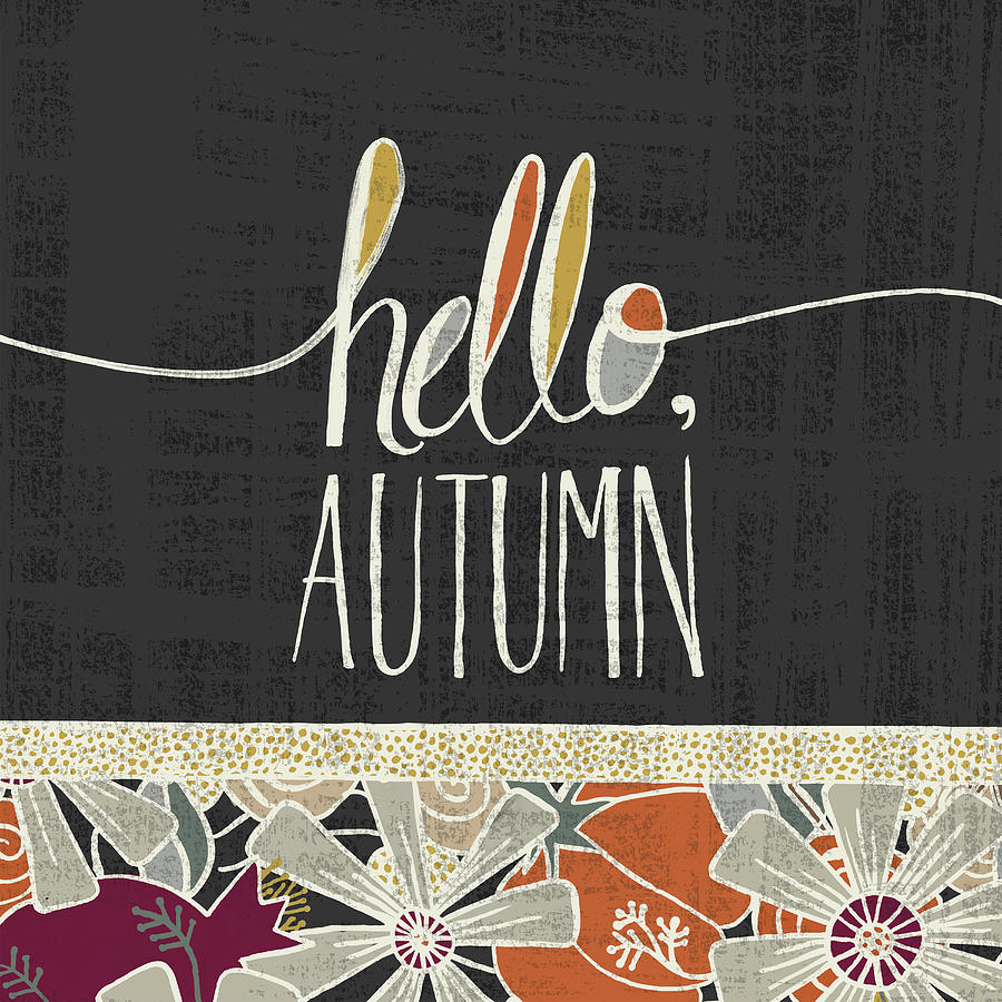 Hello Autumn Fall Art Black Background Painting by Jen Montgomery