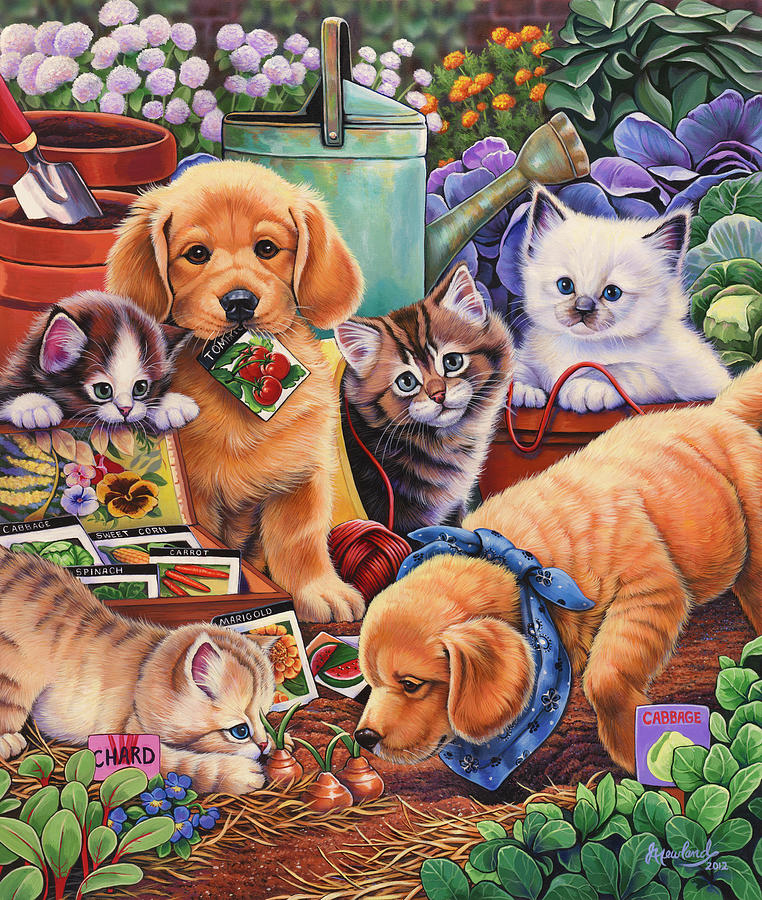 Animal Painting - Helpful Garden Paws by Jenny Newland