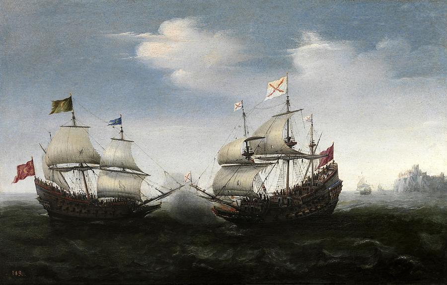 Hendrick Cornelisz Vroom / Combate naval frente a una costa rocosa, 1626-1627, Dutch School. Painting by Hendrick Cornelisz Vroom -c 1566-1640-
