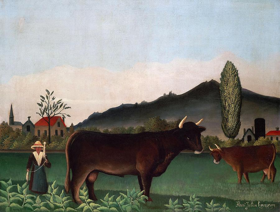 Henri Rousseau / Landscape with Cattle, c. 1900, Oil on canvas, 50 x 65 cm. Painting by Henri Rousseau -1844-1910-