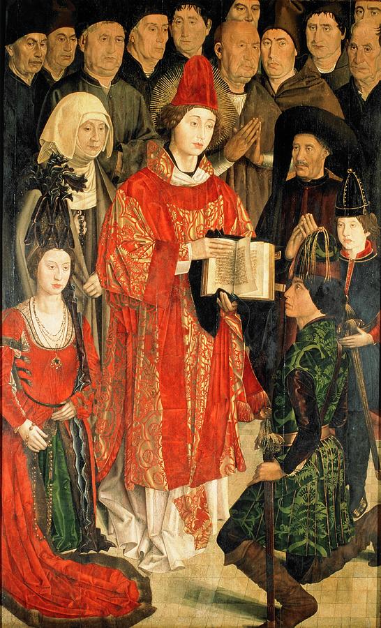 Henry the Navigator with hat, with Saint Vincent and Portuguese Royal Family, ca 1470, panel. Painting by Nuno Goncalves -fl 1450-1471-