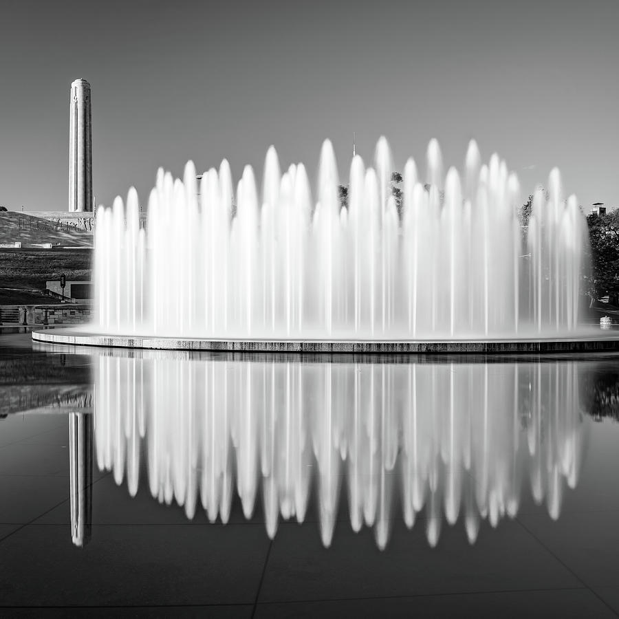Henry Wollman Bloch Fountain and Liberty Memorial - Square Monochrome Photograph by Gregory Ballos