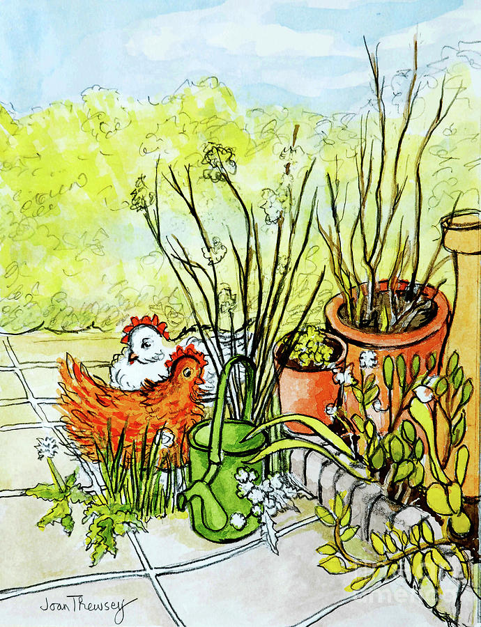 Flower Painting - Hens And Pots, Lucy Redman Open Garden, 2000 by Joan Thewsey