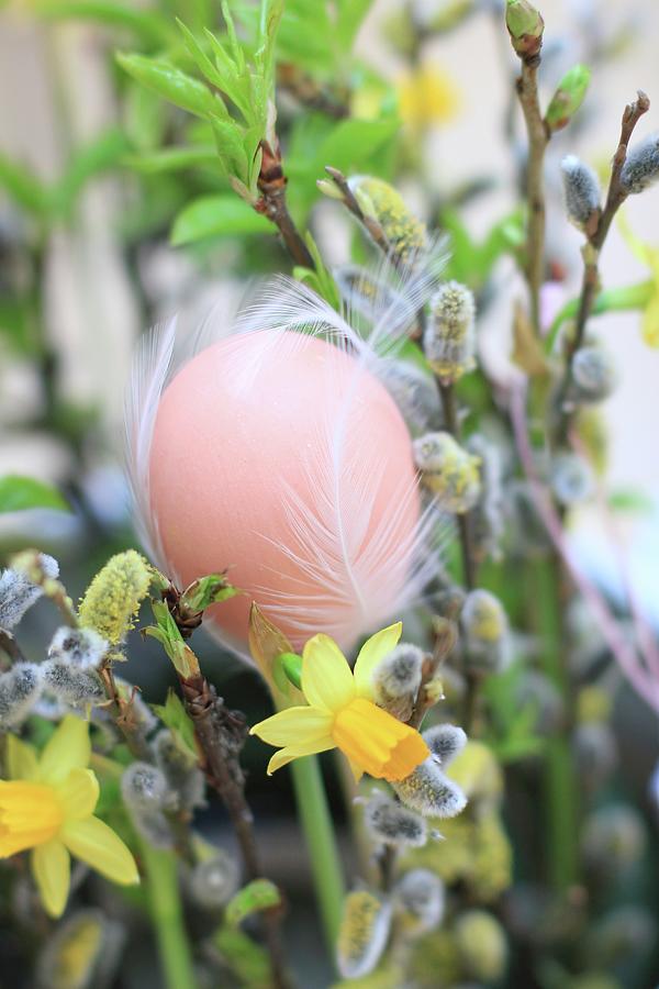 Hens Egg Decorated With White Feathers In Easter Bouquet Photograph by Ruth Laing