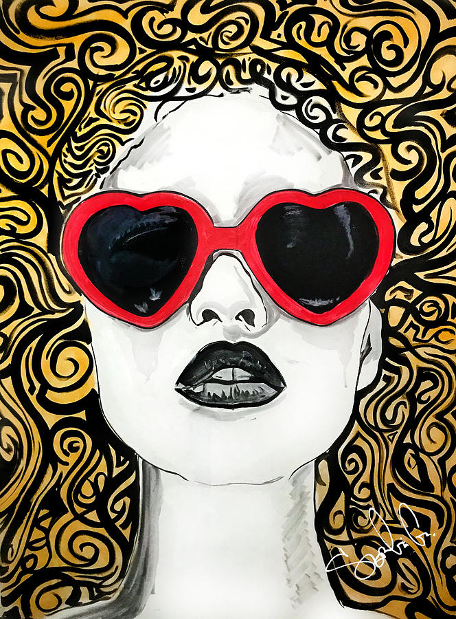 Her hair a buzz, heart glasses just because Painting by Sergio Gutierrez