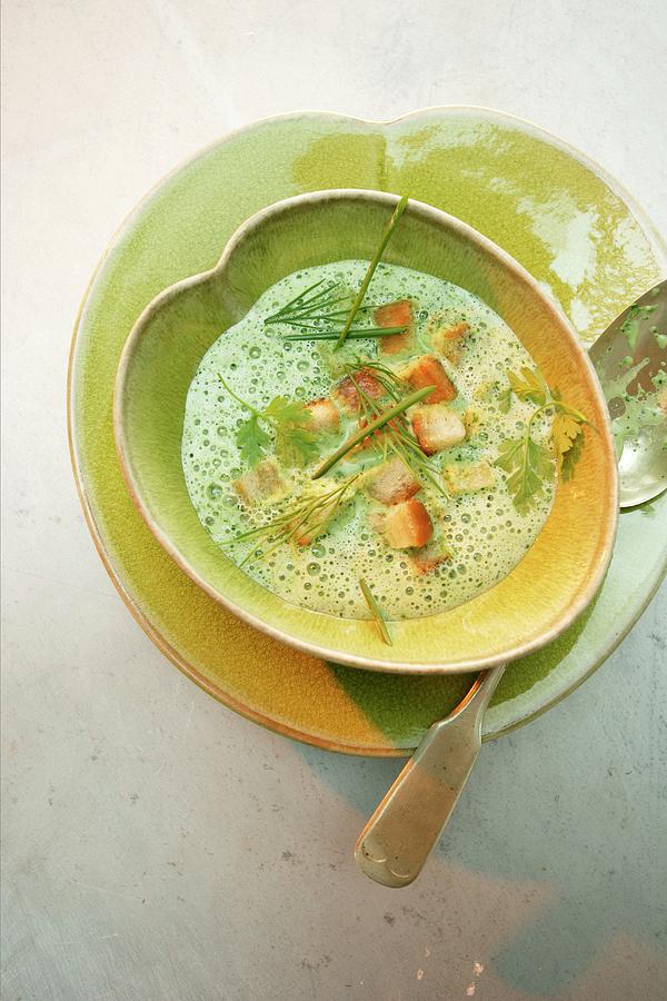 Herb Foam Soup With Croutons Photograph by Michael Wissing