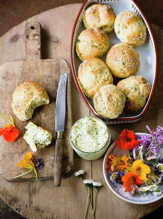 Herb Rolls With Herb Butter And Edible Flowers Photograph by Sporrer/skowronek