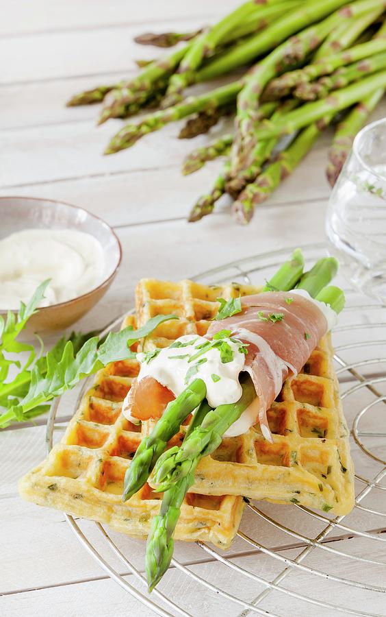 Herb Waffles With Asparagus And Ham Rolls And Rocket Photograph by Birgit Twellmann