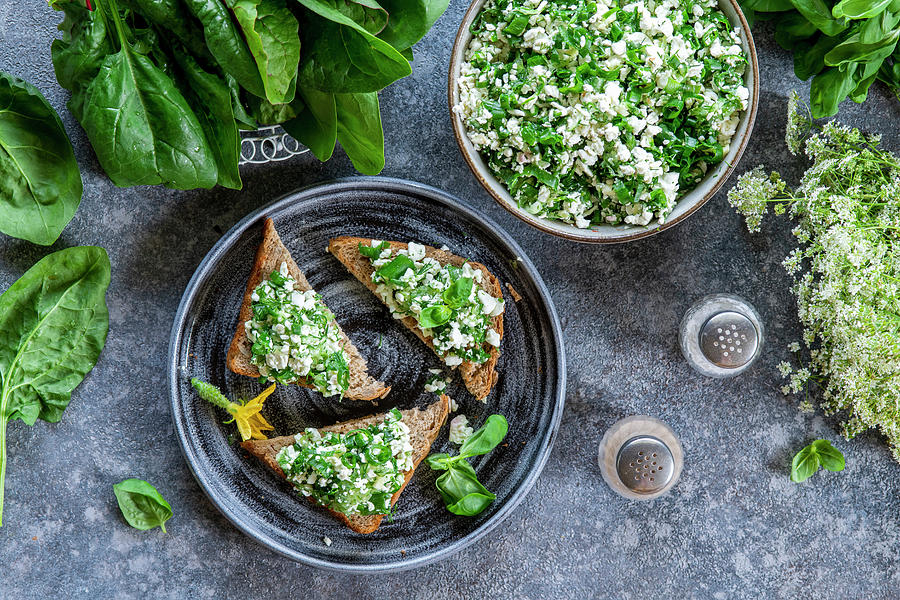 Herbs And Cottage Cheese Toast Photograph by Irina Meliukh