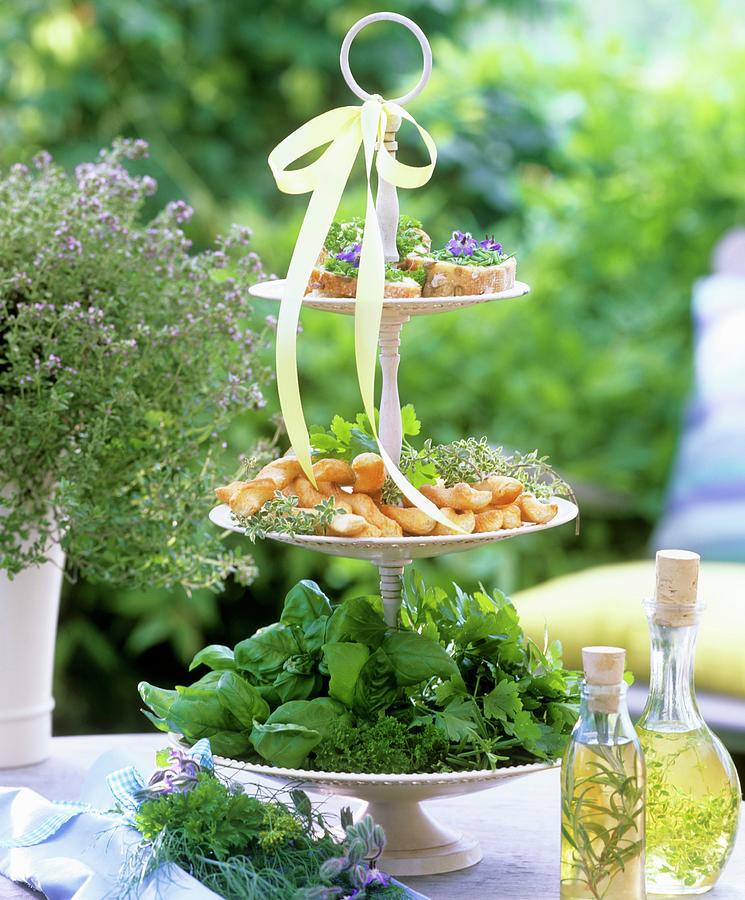 Herbs, Open Sandwiches & Cheese Savouries On Tiered Stand Photograph by Strauss, Friedrich