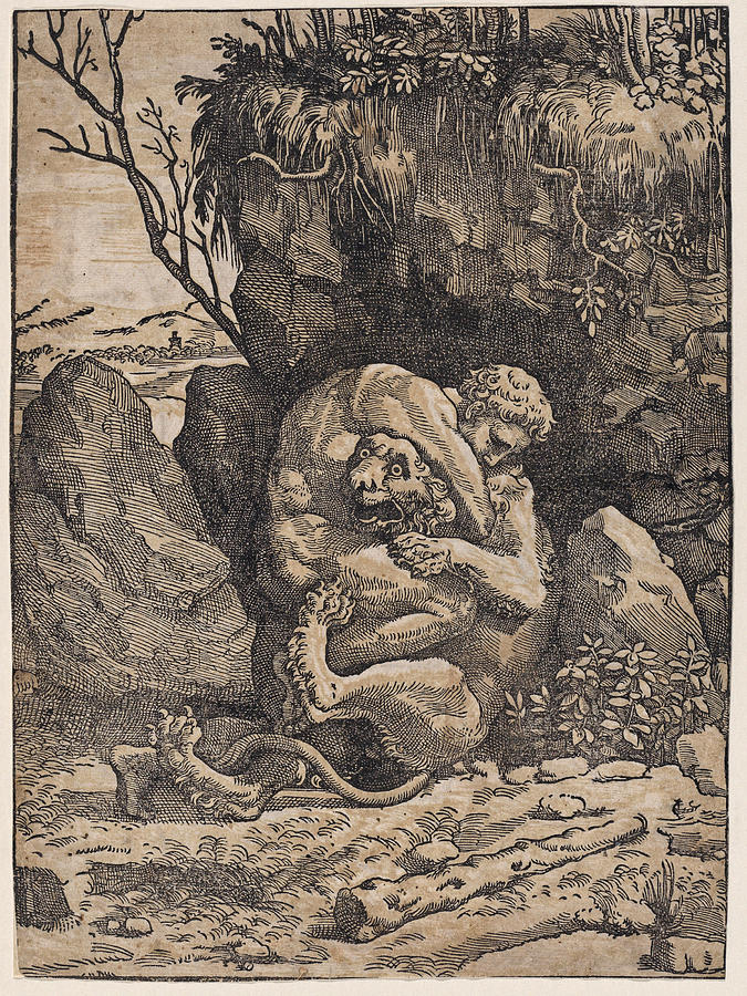 Hercules and the Nemean Lion Drawing by Ugo da Carpi