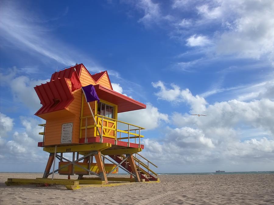 Miami Photograph - Here Comes the Sun - South Beach Lifeguard Station by Chrystyne Novack