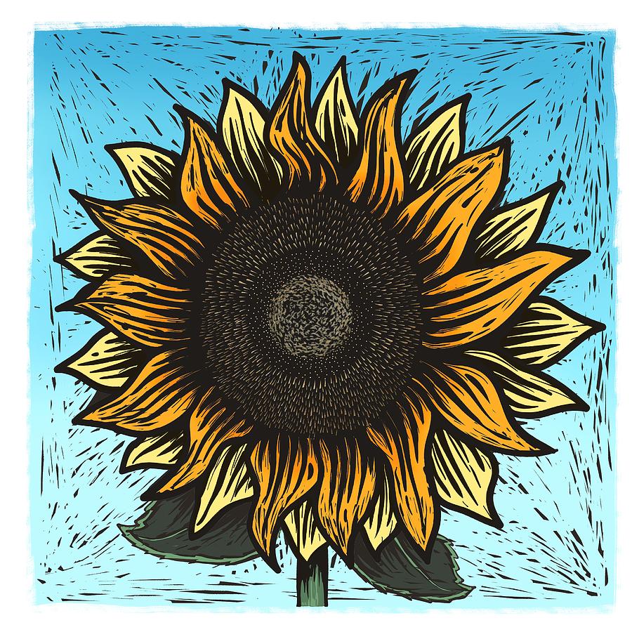 Sunflower Painting - Here Comes The Sunflower Woodcut by Little Bunny Sunshine