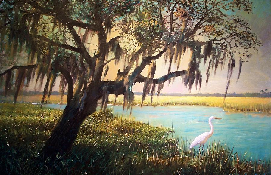Heron and Live Oak Tree Painting by Blue  Sky