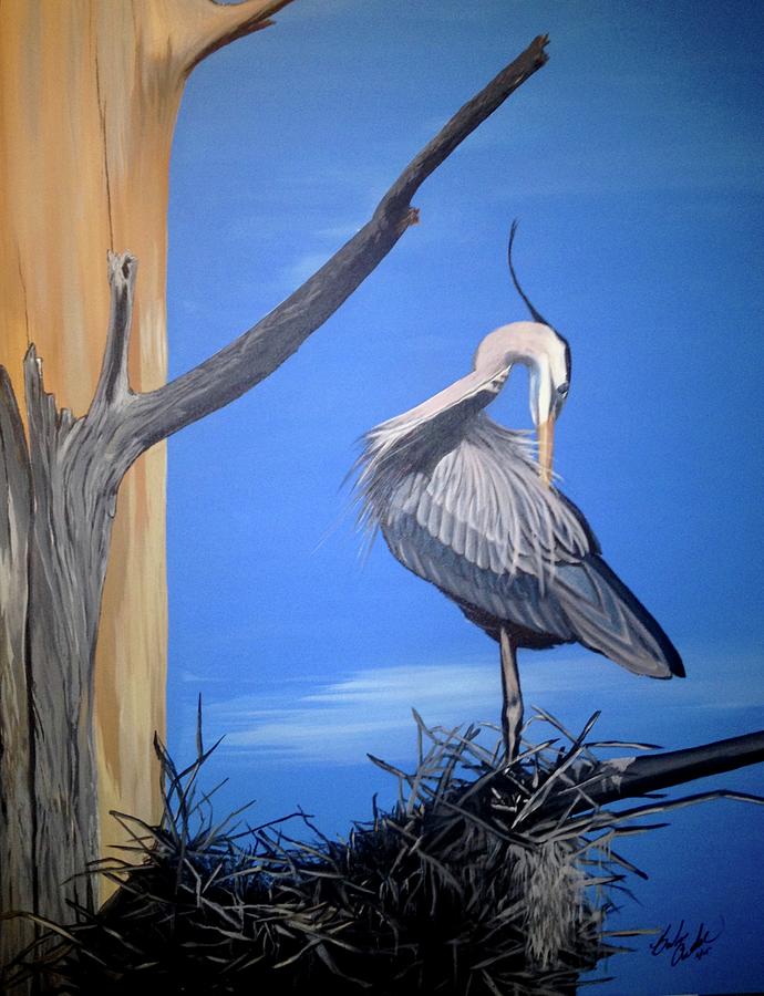 Heron at her nest Painting by Barbara Andrews