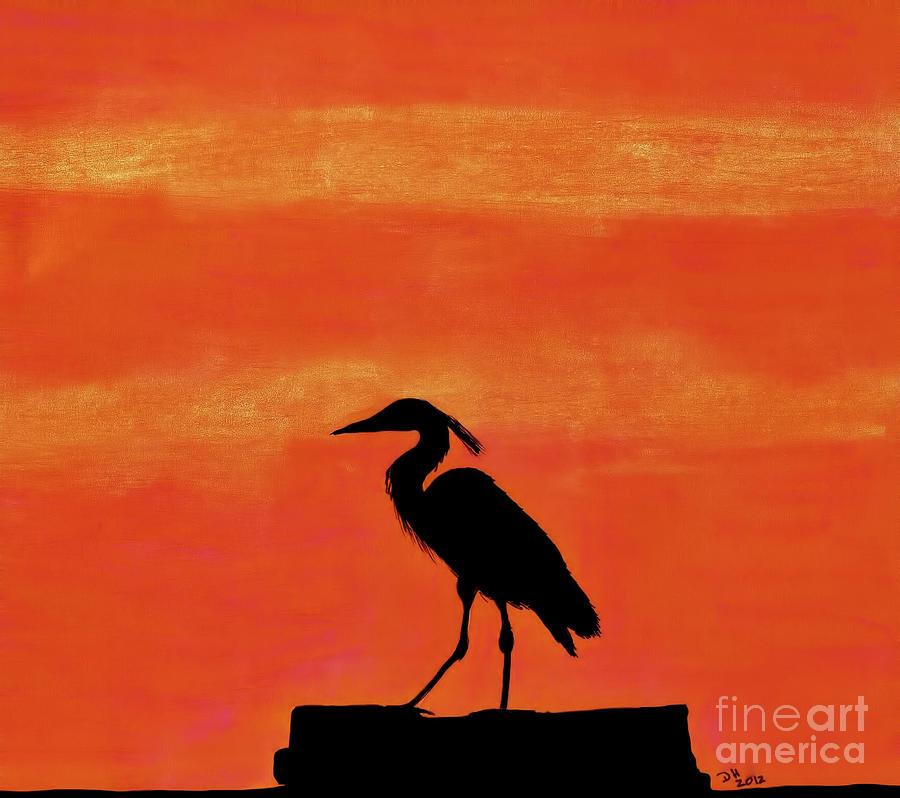 Sunset Drawing - Heron - At - Sunset by D Hackett