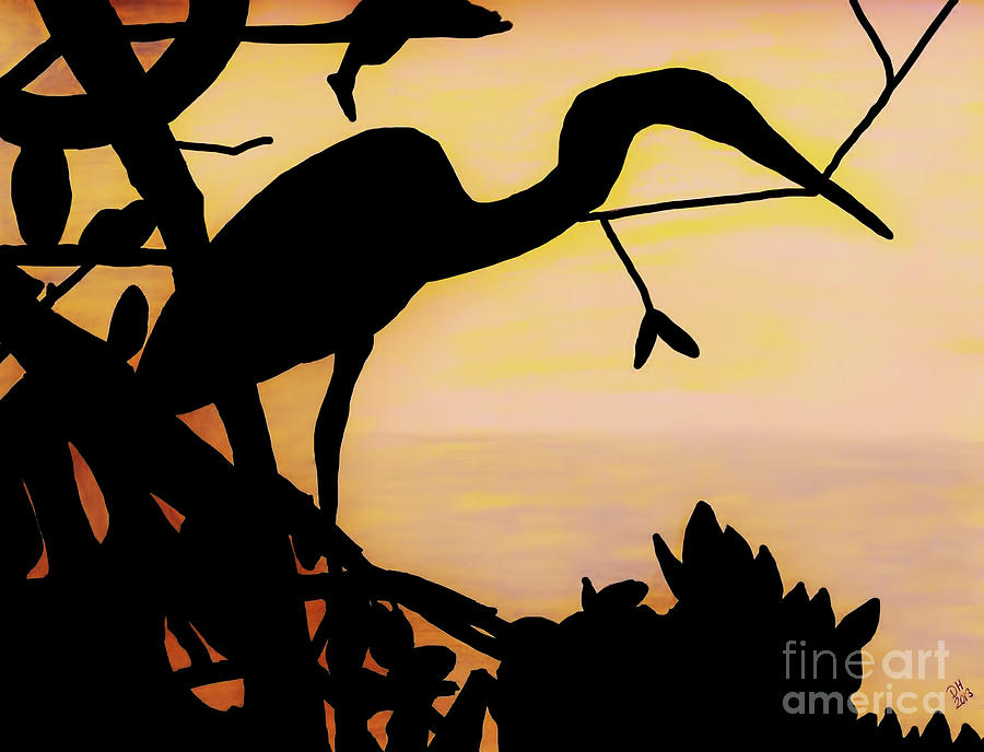 Heron Sunset Drawing by D Hackett