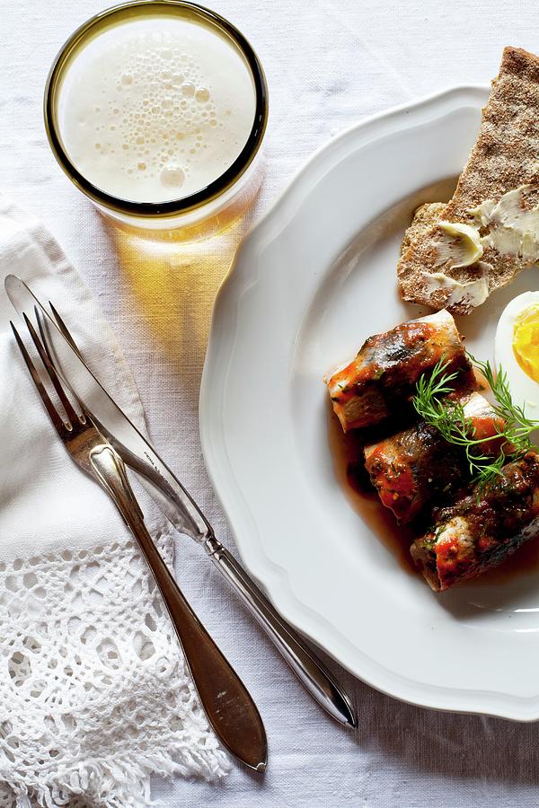 Herring Rolls In Tomato Sauce With Egg, Crispbread And Beer sweden Photograph by Mans Jensen