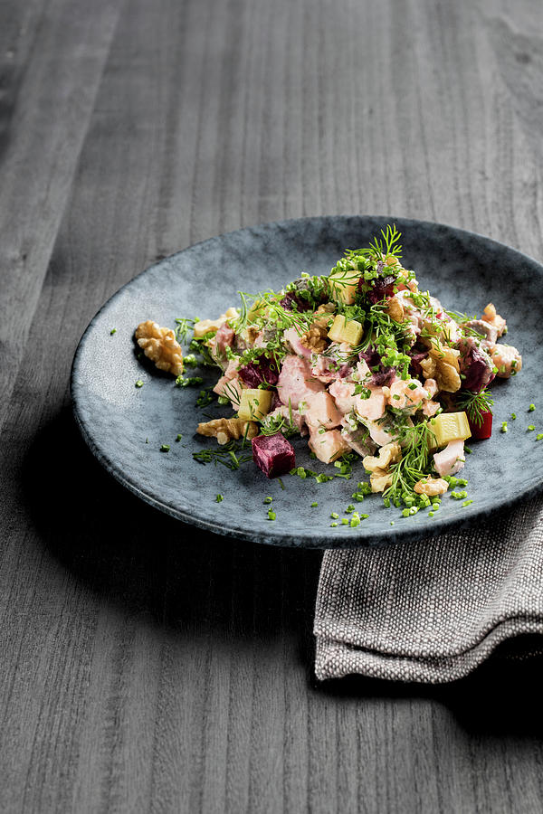 Herring Salad With Beef, Beetroot, Walnut, Gherkins, Dill, Chive And Apple Photograph by Jennifer Braun