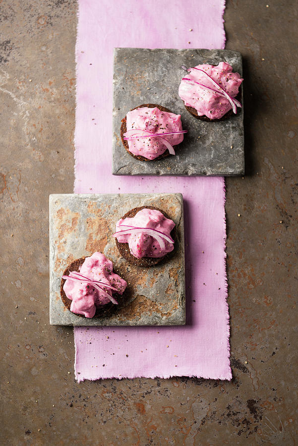 Herring Salad With Beetroot And Red Onions On Pumpernickel Bread Photograph by Brigitte Sauer