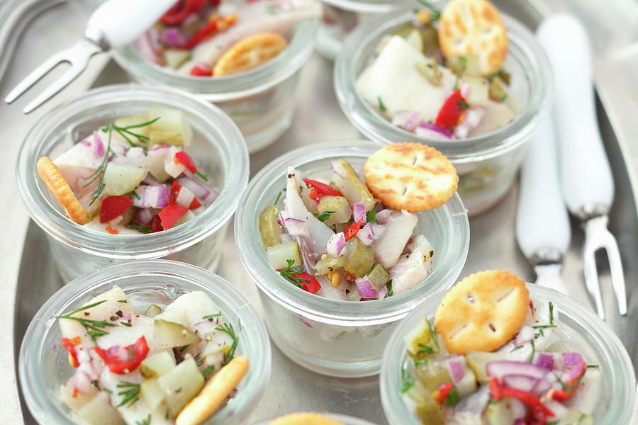 Herring Salad With Gherkins, Chilli, Onions And Dill Served With Crackers Photograph by Rua Castilho