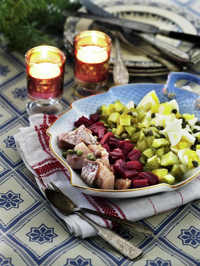 Herring Salad With Gherkins, Eggs And Beetroot For Christmas Photograph by Mikkel Adsbl
