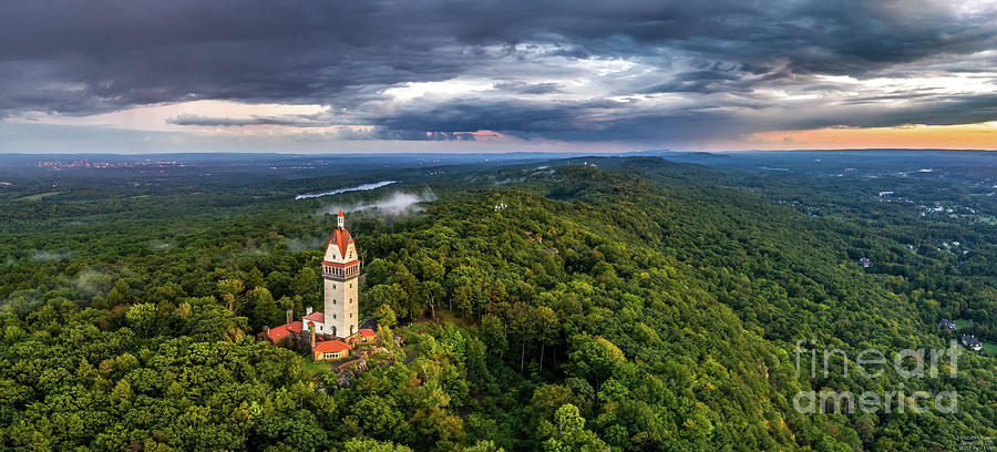 Heublein Tower in Simsbury CT, Stormy Sunset Aerial Panorama Photograph by Mike Gearin