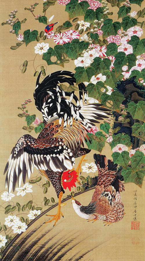 Chicken Painting - Hibiscus and Pair of Chickens - Digital Remastered Edition by Ito Jakuchu