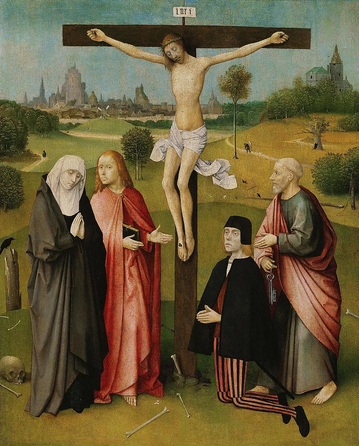 Hieronymus Bosch / Crucifixion with a Donor, 1480-1485, Oil on wood, 74.7 x 61 cm. JESUS. Painting by Hieronymus Bosch -c 1450-1516-