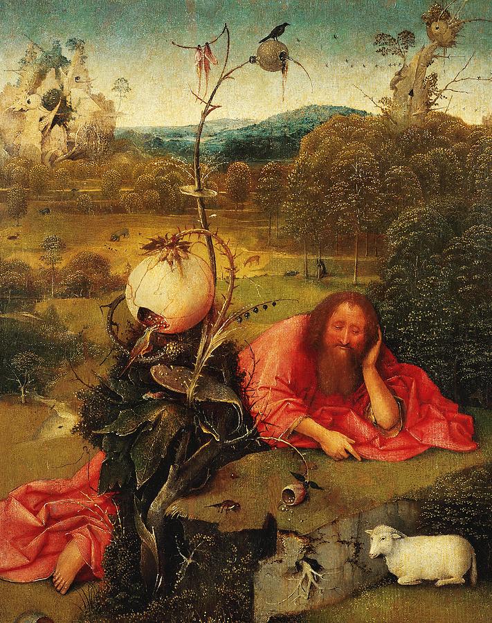 Hieronymus Bosch / Saint John the Baptist in the Wilderness, c. 1489, Oil on panel, 48.5 x 40 cm. Painting by Hieronymus Bosch -c 1450-1516-