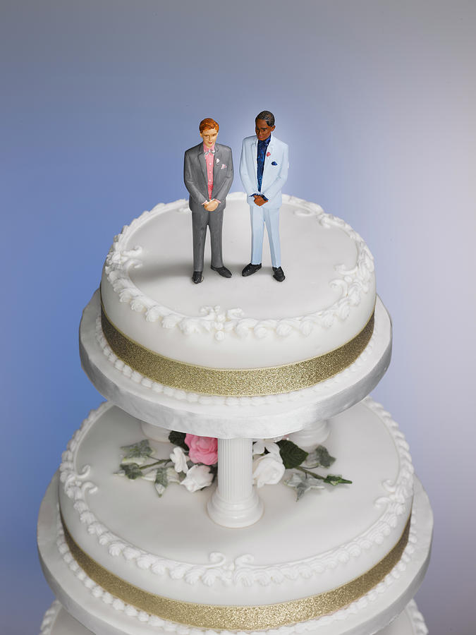 Cake Digital Art - High Angle Close Up Of A Wedding Cake With Two Men, A Same Sex Couple As Figurines On The Top. by Arb