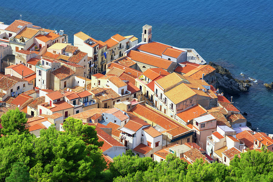 High Angle View Of Cefalu Terracotta Rooftops And Coast From La Rocca ...