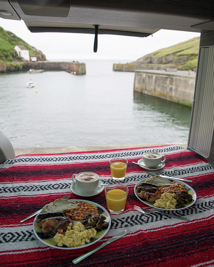 Juice Photograph - High Angle View Of Food Served In Motor Home Against Sea by Cavan Images