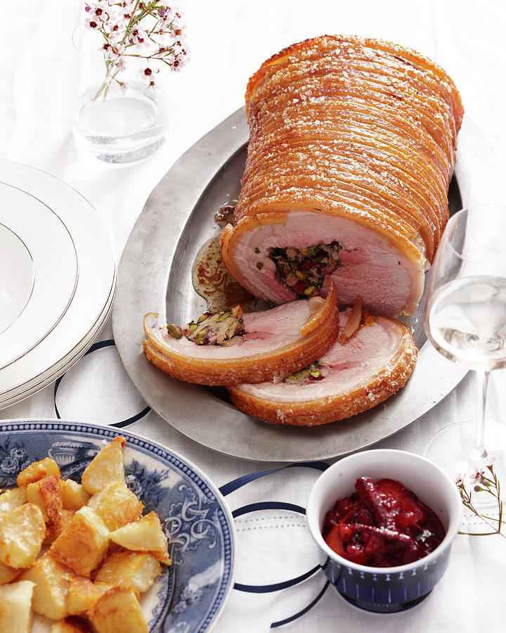 High Angle View Of Stuffed Roast Pork Joint With Crispy Crackling And ...