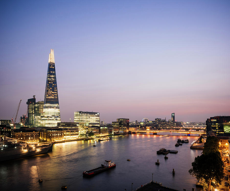 London Digital Art - High Angle View Of Thames River And The Shard Building At Night, London, Uk by Ben Pipe Photography