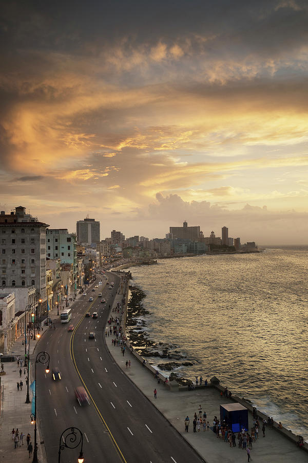 High Angle View Of Waterfront Traffic On El Malecon At Dusk, Havana ...