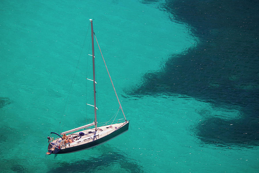 Summer Digital Art - High Angle View Of Yacht In Turquoise Sea, Majorca, Spain by Russ Rohde