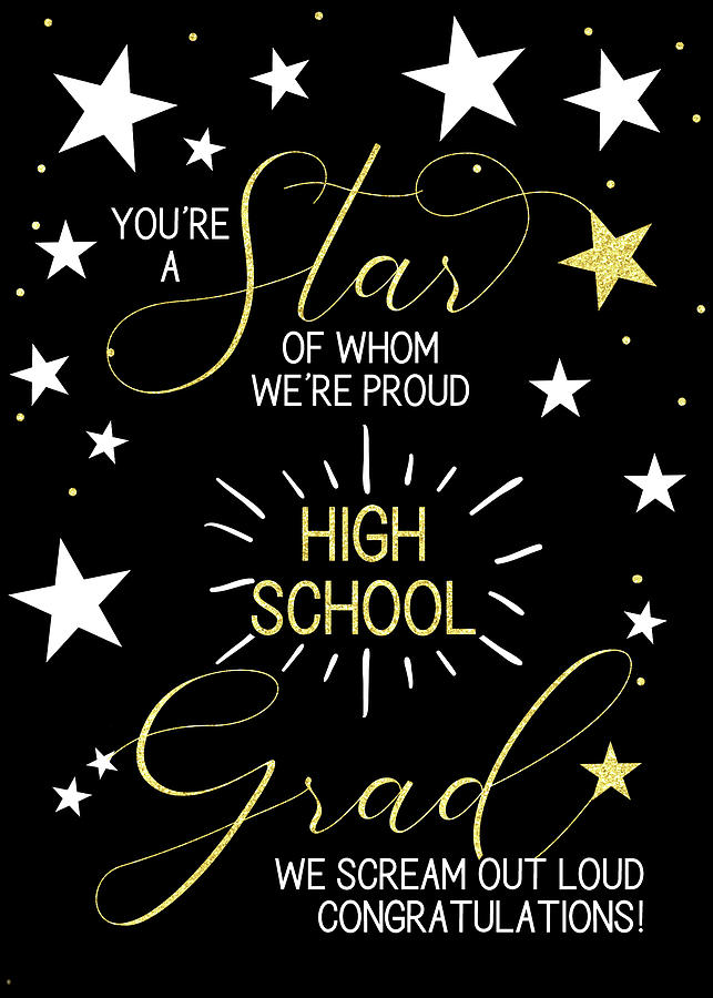 High School Graduation Black Gold and White Stars Typography Theme Digital Art by Doreen Erhardt