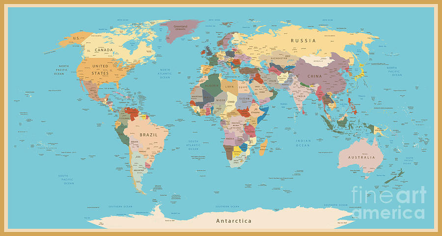 Country Digital Art - Highly Detailed World Map With Vintage by Frees