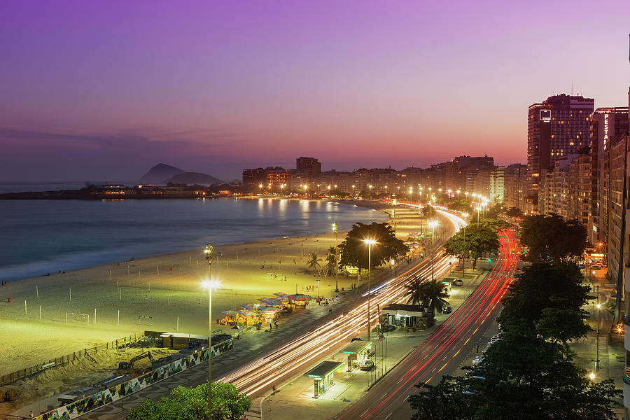 Highway And Copacabana Beach At Night, Rio De Janeiro, Brazil Digital ...